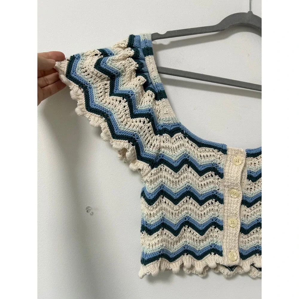 Zara Chevron Crochet Crop Top Womens Med Blue Cream Boho Zigzag Hippie